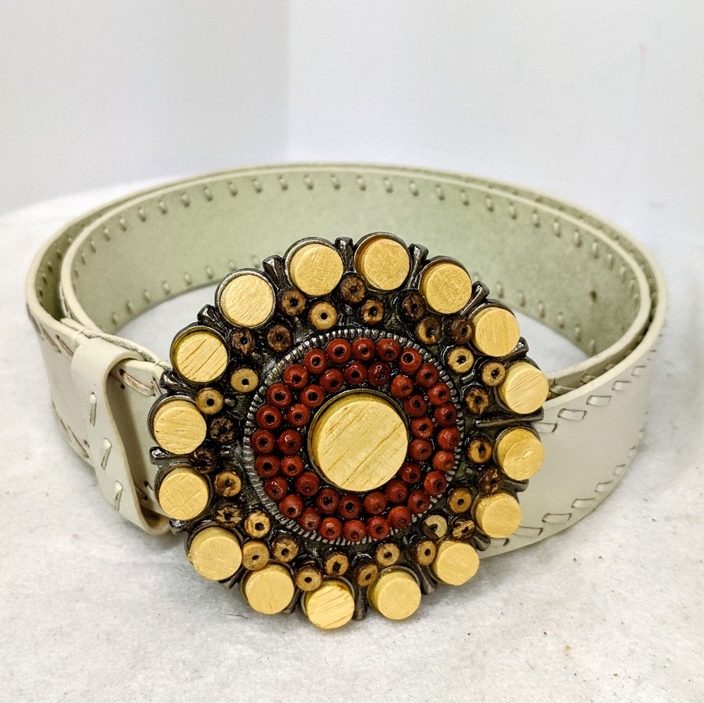 White Leather Belt with Decorative Wooden Medallion Buckle